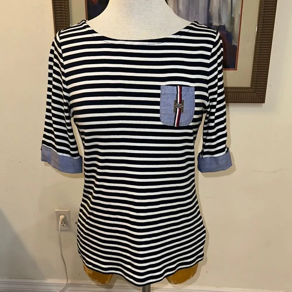 Tommy Hilfiger Navy Striped Women's Top with Pocket Detail Size S/P